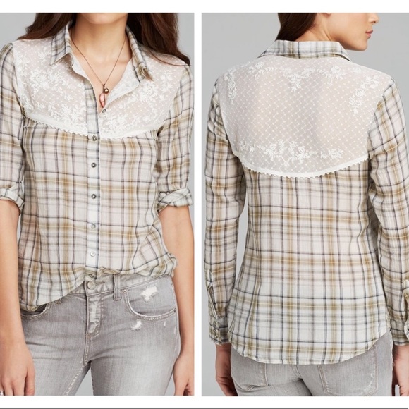 Free People Saddle Up Plaid Lace Yoke Shirt - Picture 1 of 16